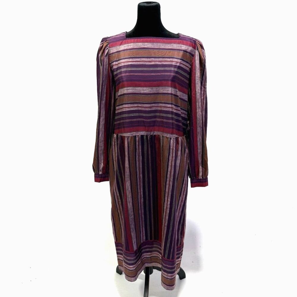 Warren Petites	vintage 70s stripe long sleeve midi dress